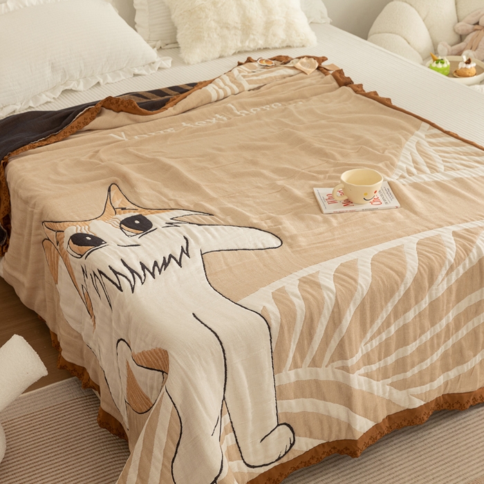 91家纺网 家纺一手货源 找家纺 乐家毛巾被 2024新款十层纱布泡芙被 旅行猫