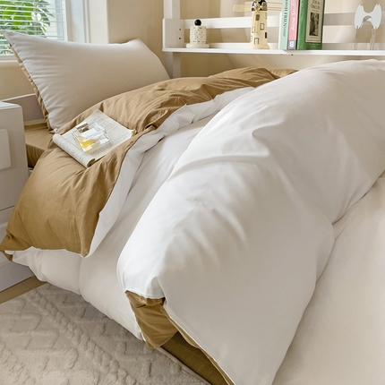 2024新款A类加密全棉40支13376简约风双拼纯色纯棉四件套单被套枕套三件套 露白+焦糖
