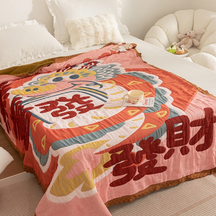 91家纺网 家纺一手货源 找家纺 乐家毛巾被 2024新款十层纱布泡芙被 恭喜发财