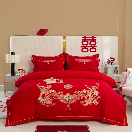 91家纺网 家纺一手货源 找家纺 （总）银石 2024新款60新疆长绒棉大红婚庆绣花四件套