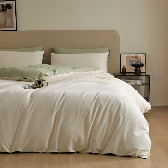 91家纺网 家纺一手货源 找家纺 涵宸家纺 2024新款全棉磨毛四件套纯厚系列（轻）-单被套 纯厚（奶白+绿）