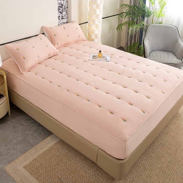 91家纺网 家纺一手货源 找家纺 米柳家纺 2024新款水洗棉大豆夹棉床笠 郁金香-粉玉