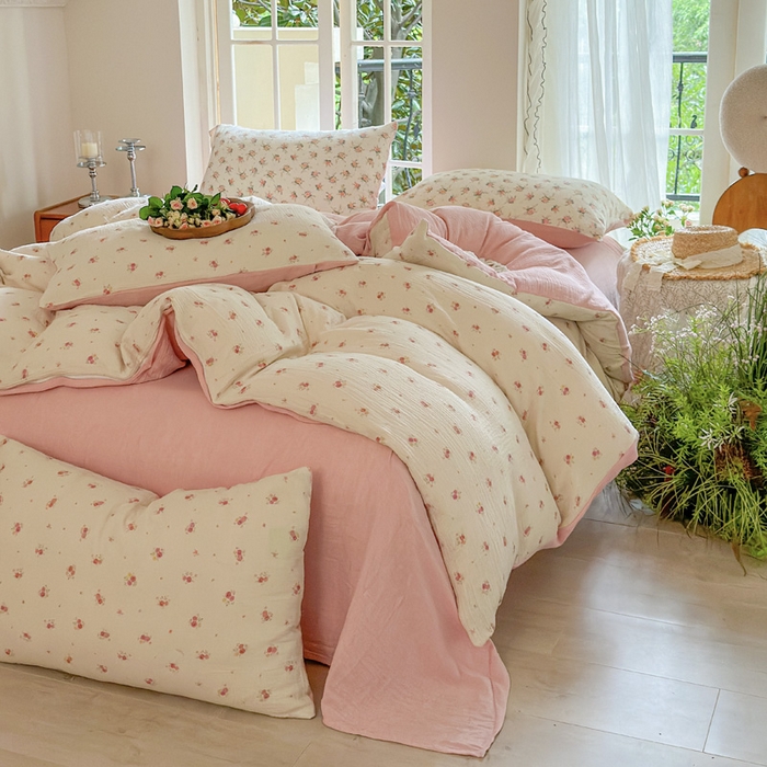 91家纺网 家纺一手货源 找家纺 木楌  2025新款全棉A类皱皱纱印花四件套 璎珞