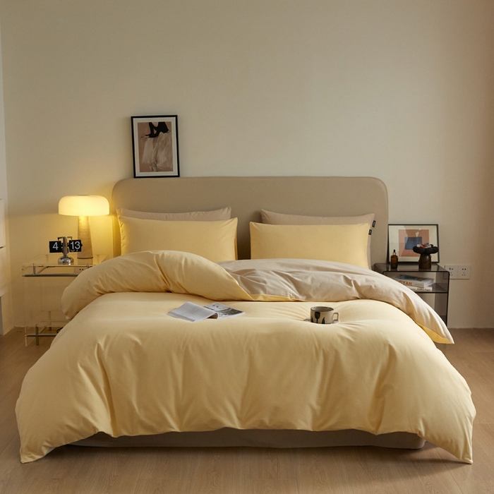 91家纺网 家纺一手货源 找家纺 涵宸家纺 2024新款全棉磨毛四件套纯厚系列（轻）-四件套 纯厚（嫩黄+茶色）