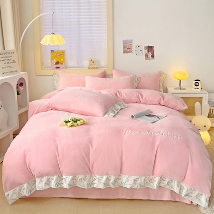 91家纺网 家纺一手货源 找家纺 星尚家纺 2024新款全消光A类230g牛奶绒刺绣四件套-郁金香 樱花粉