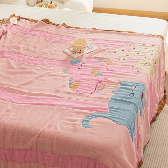 91家纺网 家纺一手货源 找家纺 乐家毛巾被 2024新款十层纱布泡芙被 彩虹小猫