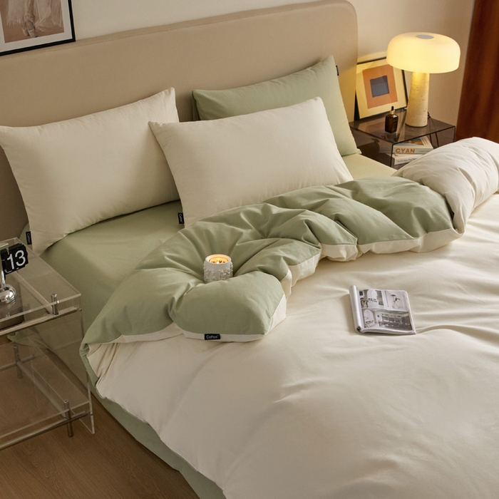 91家纺网 家纺一手货源 找家纺 涵宸家纺 2024新款全棉磨毛四件套纯厚系列（轻）-四件套 纯厚（奶白+绿）