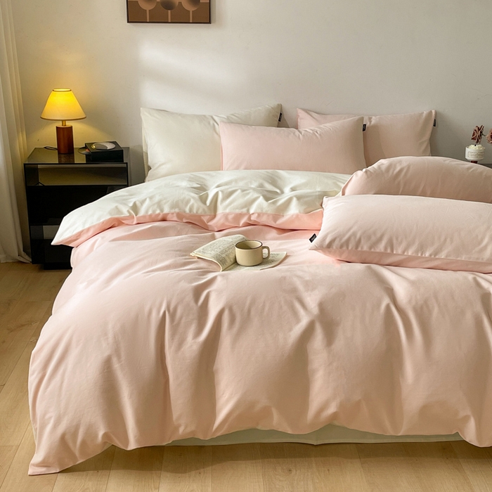 91家纺网 家纺一手货源 找家纺 涵宸家纺 2024新款全棉磨毛四件套纯厚系列（简）-四件套 纯厚（樱花粉+奶白）