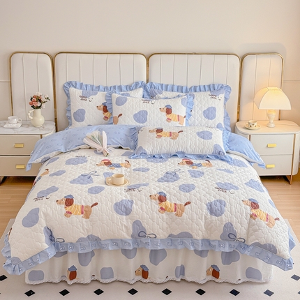 91家纺网 家纺一手货源 找家纺 （总）爱妮玖玖家纺 2024新款全棉印花小蕾丝夹棉床裙配夹棉被套四件套