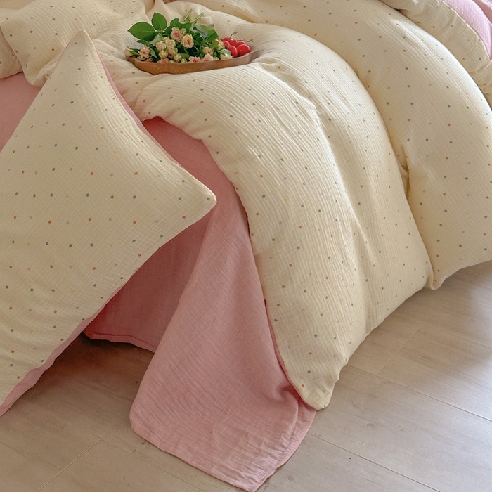 91家纺网 家纺一手货源 找家纺 木楌  2025新款全棉A类皱皱纱印花四件套 奶油波点