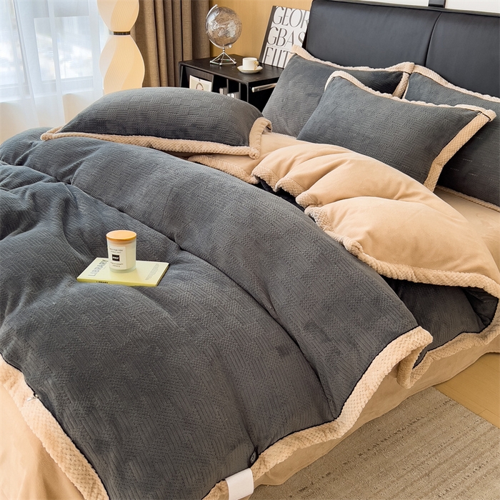 91家纺网 家纺一手货源 找家纺 丝幔家纺 2025新款A类暖绒提花雕花绒保暖四件套 星空灰