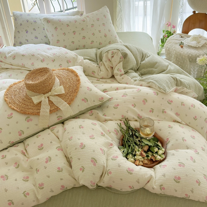 91家纺网 家纺一手货源 找家纺 木楌  2025新款全棉A类皱皱纱印花四件套 丁香-绿