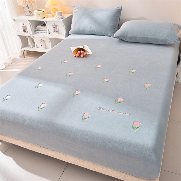 91家纺网 家纺一手货源 找家纺 笙意家纺 2025新款A类牛奶绒花卉刺绣单床笠 郁金香-海清