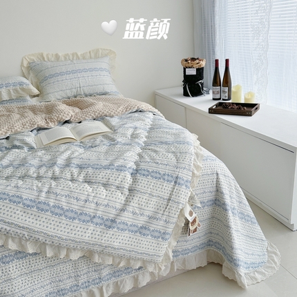 91家纺网 家纺一手货源 找家纺 佰织鑫家居 2024新款秋冬全棉法式床盖款豆豆被四件套 蓝颜