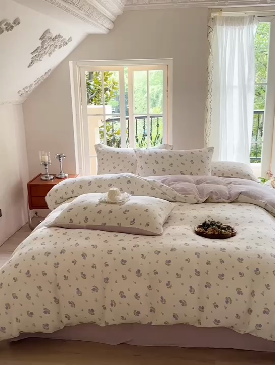 91家纺网 家纺一手货源 找家纺 木楌  2025新款全棉A类皱皱纱印花四件套 丁香-紫