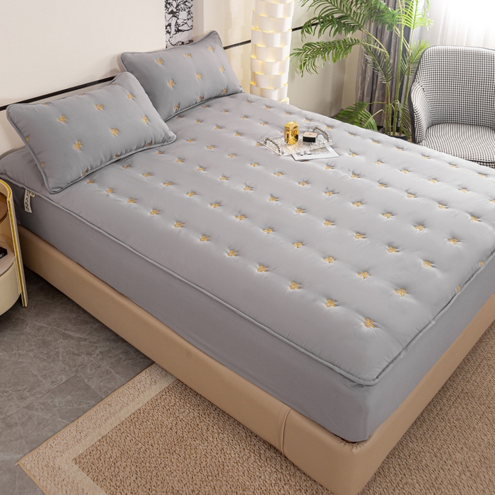 91家纺网 家纺一手货源 找家纺 米柳家纺 2024新款水洗棉大豆夹棉床笠 蝴蝶结-雅灰