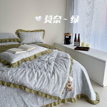 91家纺网 家纺一手货源 找家纺 佰织鑫家居 2024新款秋冬全棉法式床盖款豆豆被四件套 莫奈绿