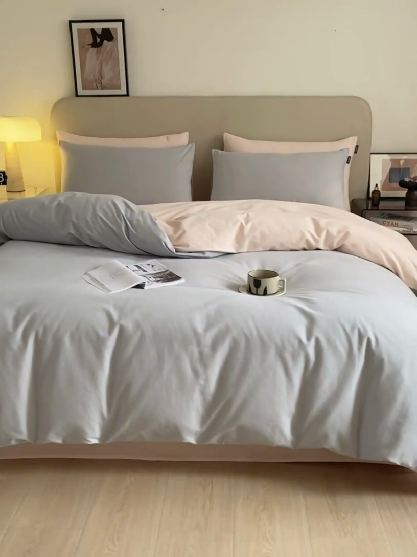 91家纺网 家纺一手货源 找家纺 涵宸家纺 2024新款全棉磨毛四件套纯厚系列（轻）-四件套 纯厚（兰灰+粉）