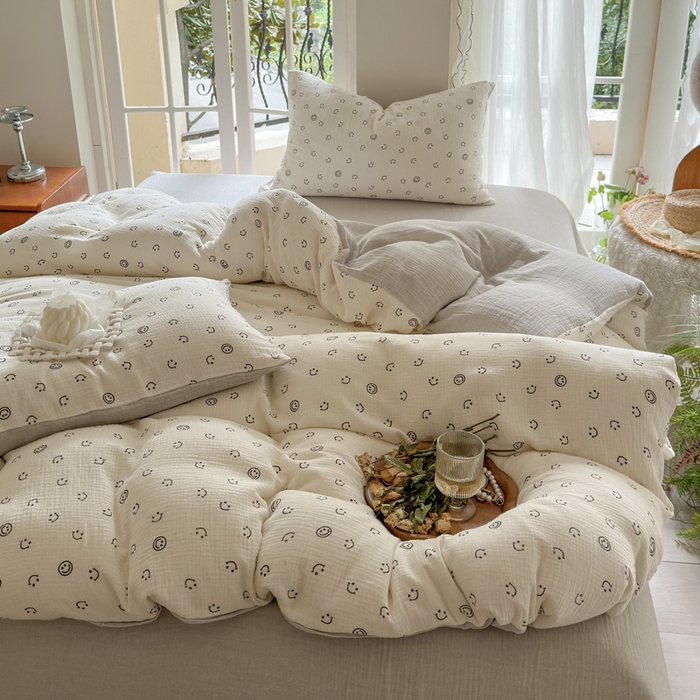 91家纺网 家纺一手货源 找家纺 木楌  2025新款全棉A类皱皱纱印花四件套 微笑