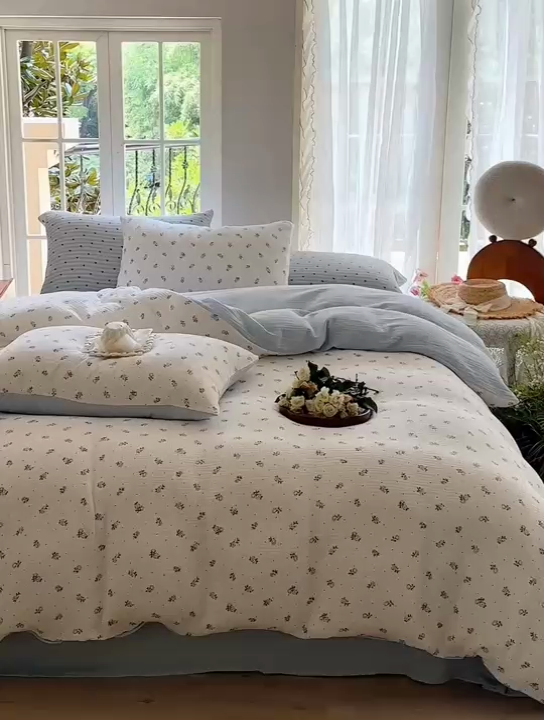 91家纺网 家纺一手货源 找家纺 木楌  2025新款全棉A类皱皱纱印花四件套兰菲