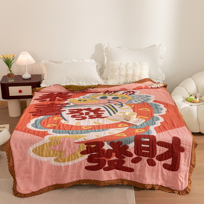 91家纺网 家纺一手货源 找家纺 乐家毛巾被 2024新款十层纱布泡芙被 恭喜发财