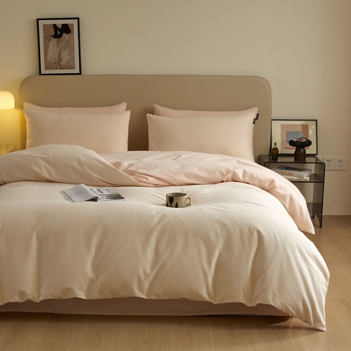 91家纺网 家纺一手货源 找家纺 涵宸家纺 2024新款全棉磨毛四件套纯厚系列（轻）-四件套 纯厚（白桃+粉）