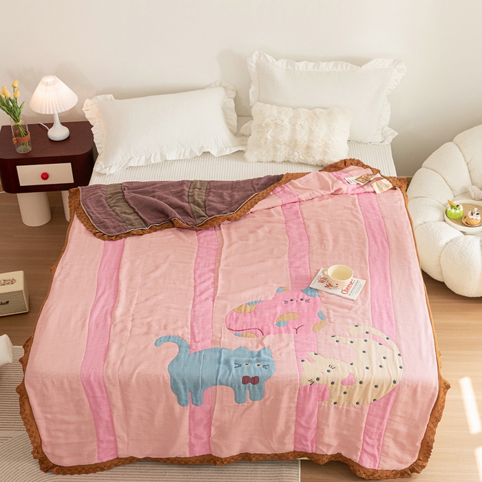 91家纺网 家纺一手货源 找家纺 乐家毛巾被 2024新款十层纱布泡芙被 彩虹小猫