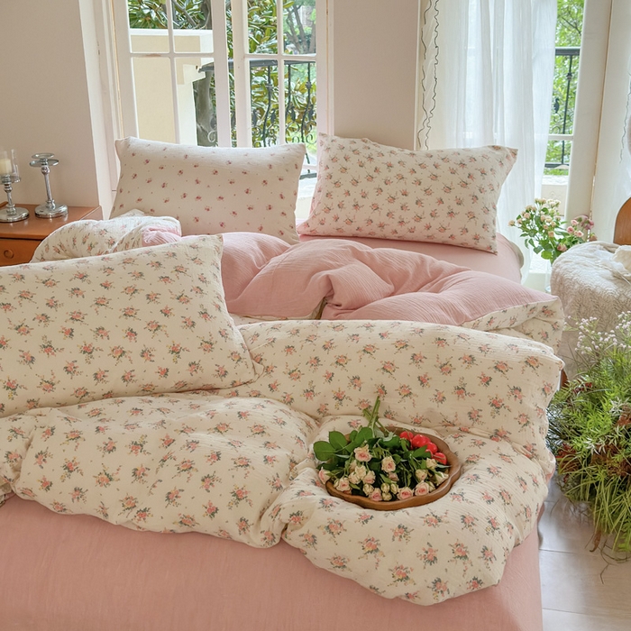 91家纺网 家纺一手货源 找家纺 木楌  2025新款全棉A类皱皱纱印花四件套 浅汐