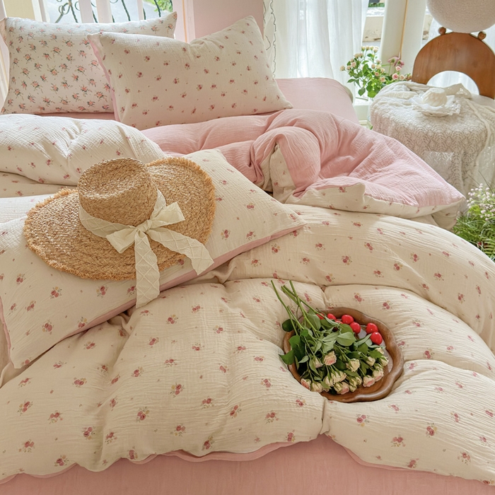 91家纺网 家纺一手货源 找家纺 木楌  2025新款全棉A类皱皱纱印花四件套 璎珞