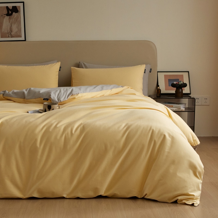 91家纺网 家纺一手货源 找家纺 涵宸家纺 2024新款全棉磨毛四件套纯厚系列（轻）-单被套 纯厚（嫩黄+漫灰）