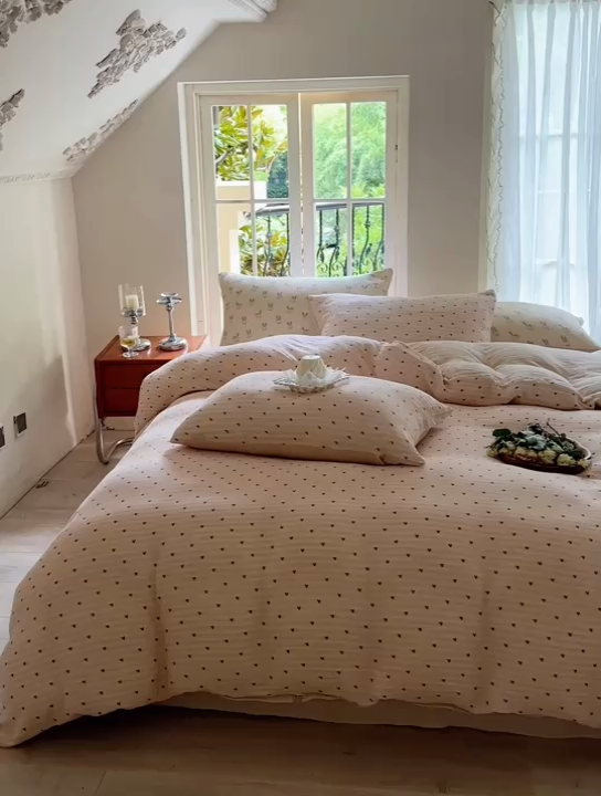 91家纺网 家纺一手货源 找家纺 木楌  2025新款全棉A类皱皱纱印花四件套可心咖