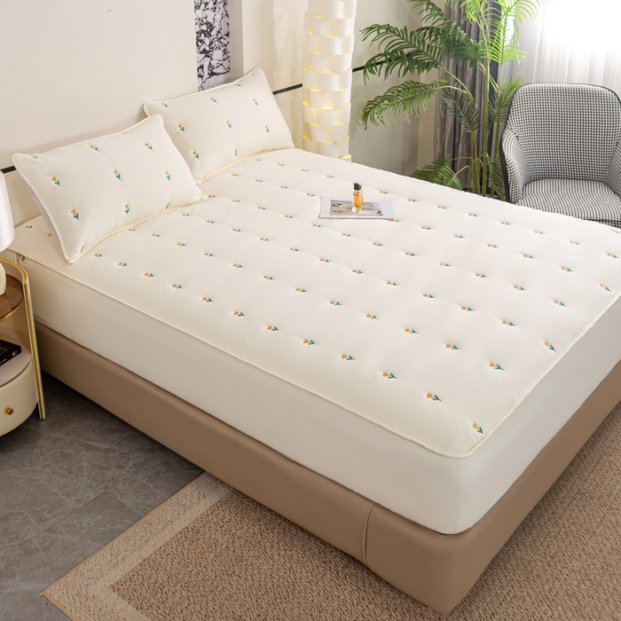 91家纺网 家纺一手货源 找家纺 米柳家纺 2024新款水洗棉大豆夹棉床笠 郁金香-米白