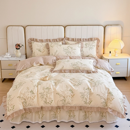 91家纺网 家纺一手货源 找家纺 （总）爱妮玖玖家纺 2024新款全棉印花小蕾丝单层床裙配花边被套四件套