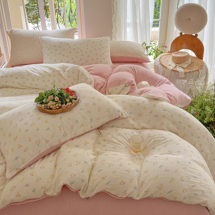 91家纺网 家纺一手货源 找家纺 木楌  2025新款全棉A类皱皱纱印花四件套 沁香