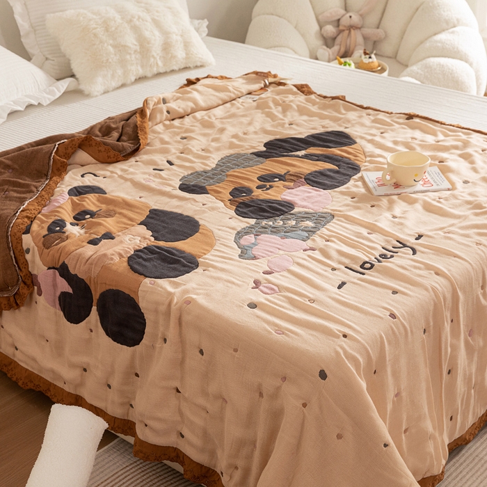 91家纺网 家纺一手货源 找家纺 乐家毛巾被 2024新款十层纱布泡芙被 两只熊猫