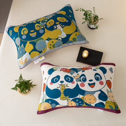 91家纺网 家纺一手货源 找家纺 彩虹毛巾 2024新款中国风全棉六层纱枕巾隔脏绑带枕巾国潮纯棉6层纱布枕巾加厚情侣枕套 熊猫【简约款】