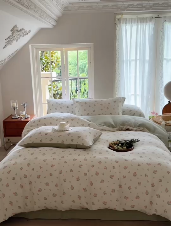 91家纺网 家纺一手货源 找家纺 木楌  2025新款全棉A类皱皱纱印花四件套 丁香-绿