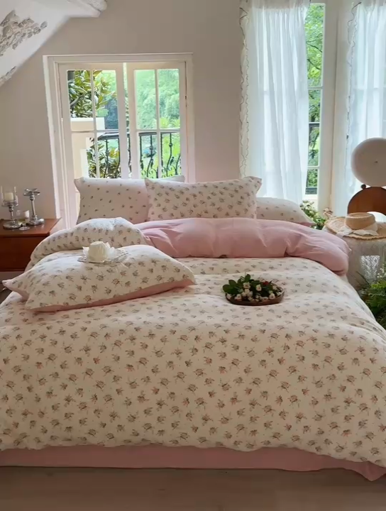 91家纺网 家纺一手货源 找家纺 木楌  2025新款全棉A类皱皱纱印花四件套 浅汐