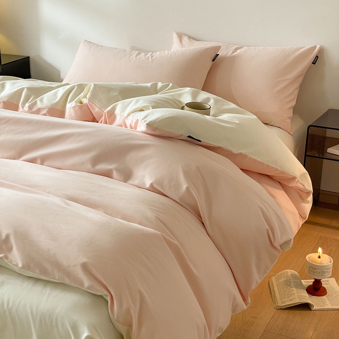 91家纺网 家纺一手货源 找家纺 涵宸家纺 2024新款全棉磨毛四件套纯厚系列（简）-四件套 纯厚（樱花粉+奶白）