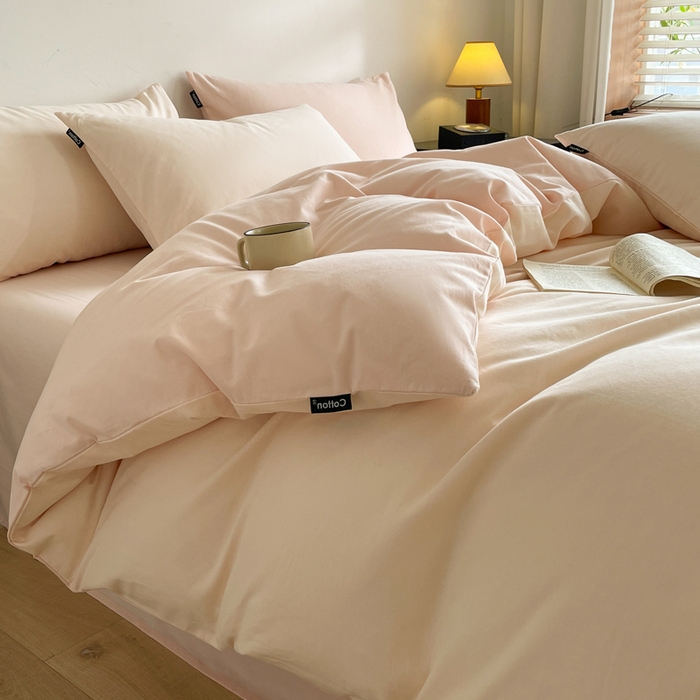 91家纺网 家纺一手货源 找家纺 涵宸家纺 2024新款全棉磨毛四件套纯厚系列（简）-四件套 纯厚（白桃+粉）