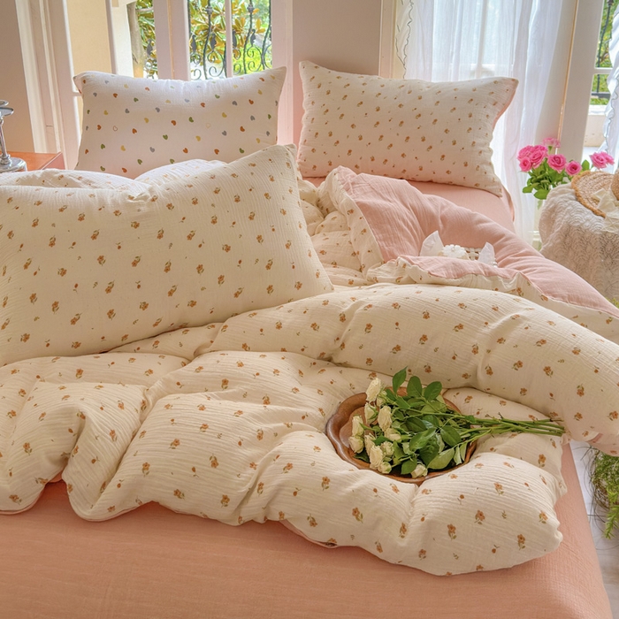 91家纺网 家纺一手货源 找家纺 木楌  2025新款全棉A类皱皱纱印花四件套 春泥