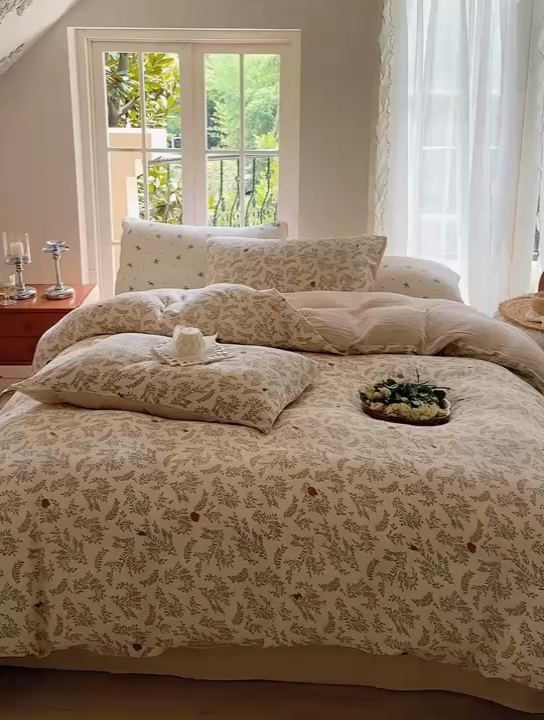 91家纺网 家纺一手货源 找家纺 木楌  2025新款全棉A类皱皱纱印花四件套 木兰