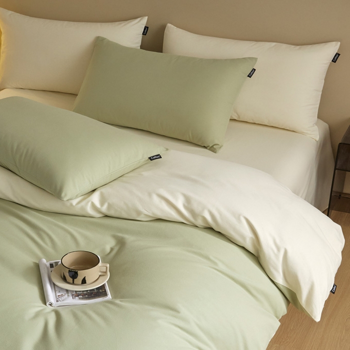 91家纺网 家纺一手货源 找家纺 涵宸家纺 2024新款全棉磨毛四件套纯厚系列（轻）-四件套 纯厚（古今绿+奶白）