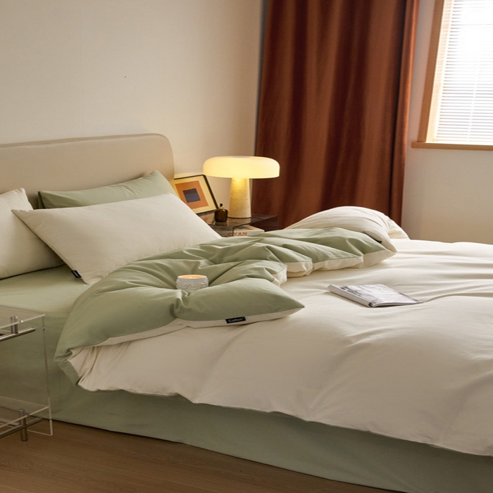 91家纺网 家纺一手货源 找家纺 涵宸家纺 2024新款全棉磨毛四件套纯厚系列（轻）-四件套 纯厚（奶白+绿）