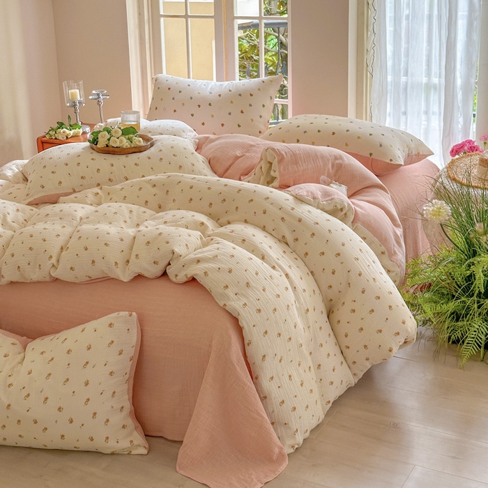 91家纺网 家纺一手货源 找家纺 木楌  2025新款全棉A类皱皱纱印花四件套 春泥