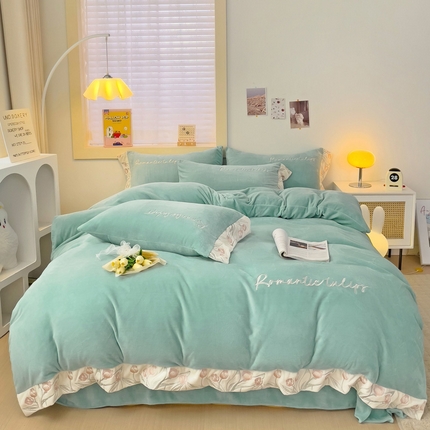 91家纺网 家纺一手货源 找家纺 星尚家纺 2024新款全消光A类230g牛奶绒刺绣四件套-郁金香 梵星绿