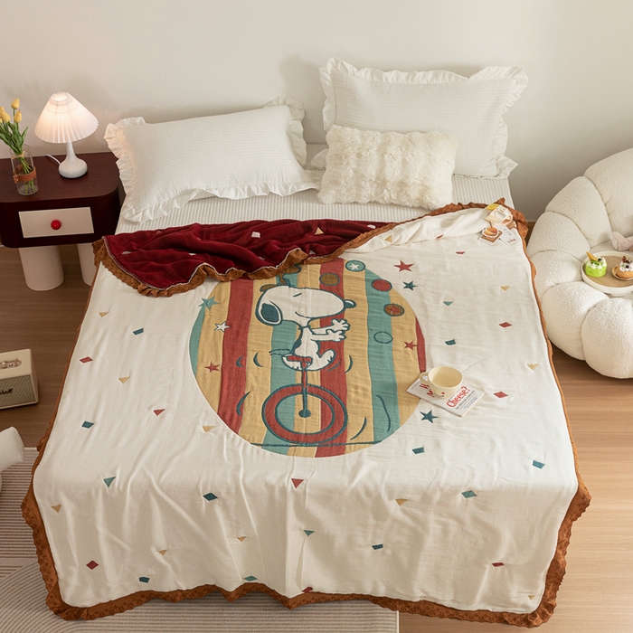 91家纺网 家纺一手货源 找家纺 乐家毛巾被 2024新款十层纱布泡芙被 白底史努比