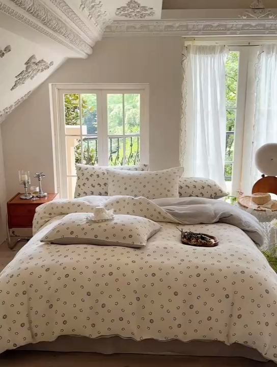 91家纺网 家纺一手货源 找家纺 木楌  2025新款全棉A类皱皱纱印花四件套 微笑