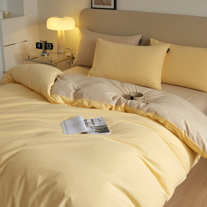 91家纺网 家纺一手货源 找家纺 涵宸家纺 2024新款全棉磨毛四件套纯厚系列（轻）-单被套 纯厚（嫩黄+茶色）