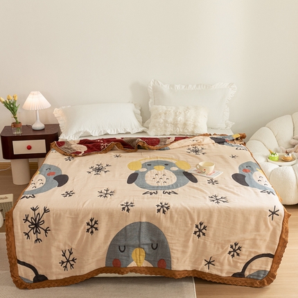 91家纺网 家纺一手货源 找家纺 乐家毛巾被 2024新款十层纱布泡芙被 雪中企鹅